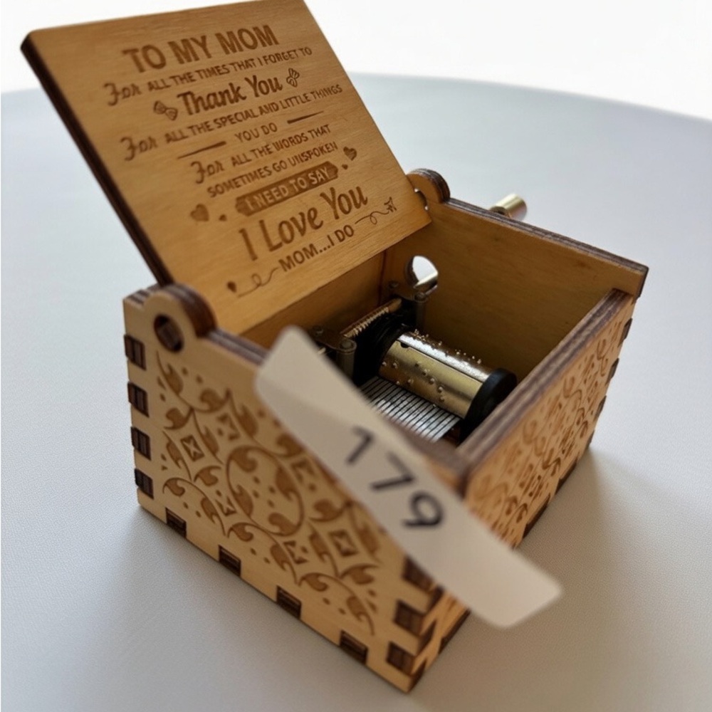 179,NWOT Hand Crank Music 🎶 Mini Box Engraved Wooden Music 🎶 Mini Box